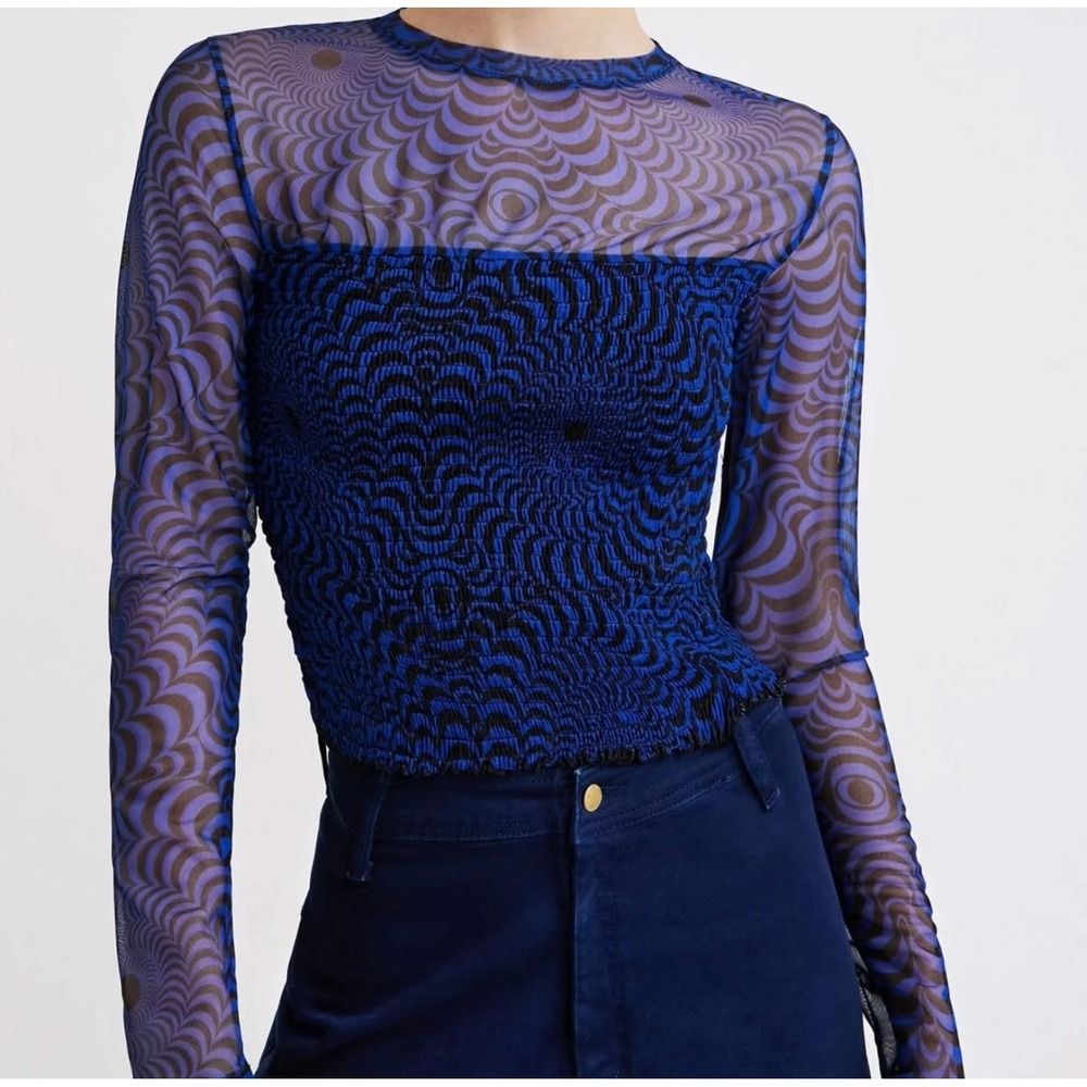 Desigual Psychedelic Tulle Top Women Blue Sheer Mesh Smocked Gather Long Sleeve